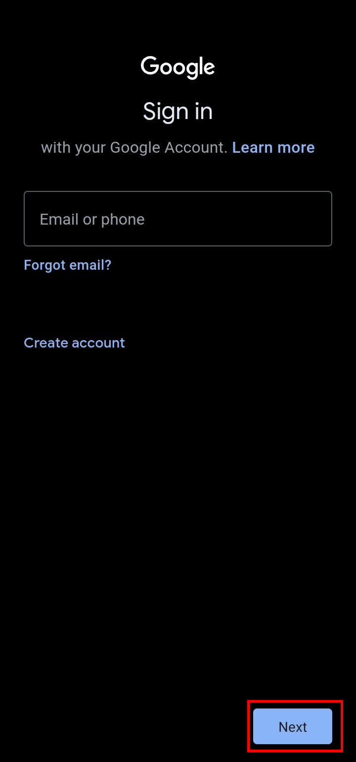 Inserisci il tuo indirizzo email Google e tocca il pulsante Avanti.