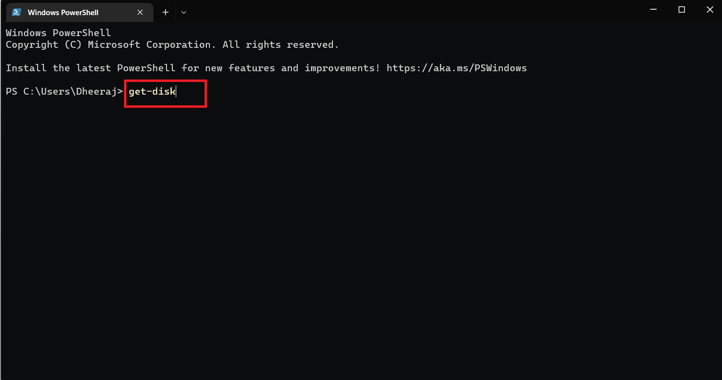 在 PowerShell 命令窗口中键入 get-disk 命令，然后按 Enter