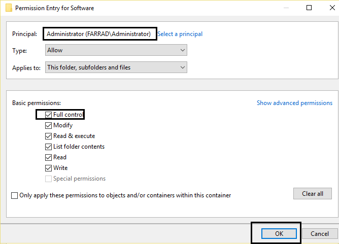 Permiteți controlul total asupra permisiunii pentru principalul selectat