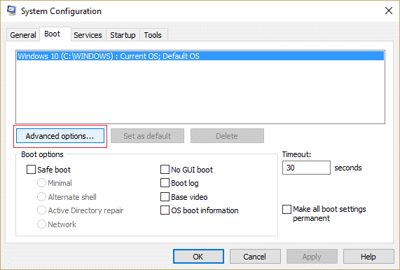 在 msconfig 下的 Boot 選項卡中單擊 Advanced options