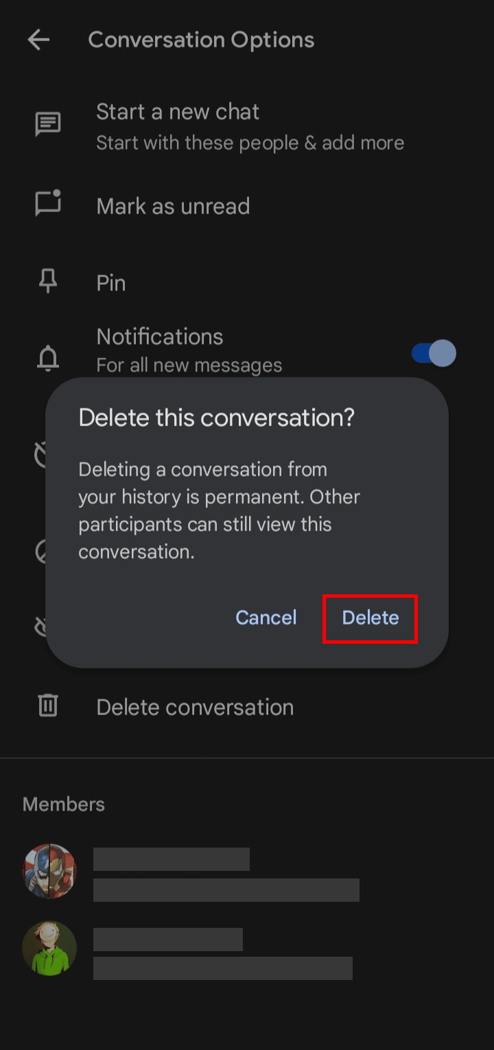 Fai tap su Elimina dalla finestra di dialogo che è apparsa sullo schermo per eliminare tutti i messaggi della chat. | Come eliminare i messaggi su Google Chat