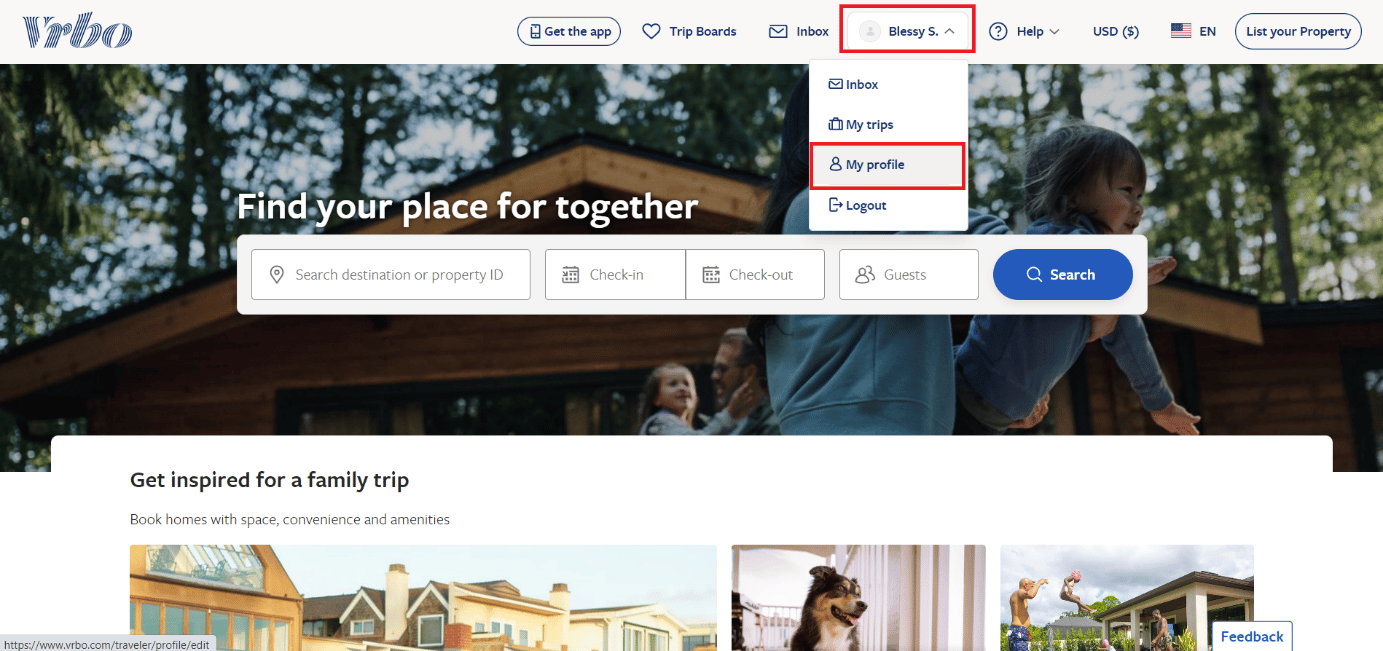 Fai clic sul nome del tuo account e seleziona Il mio profilo | aggiungi foto al profilo del viaggiatore VRBO