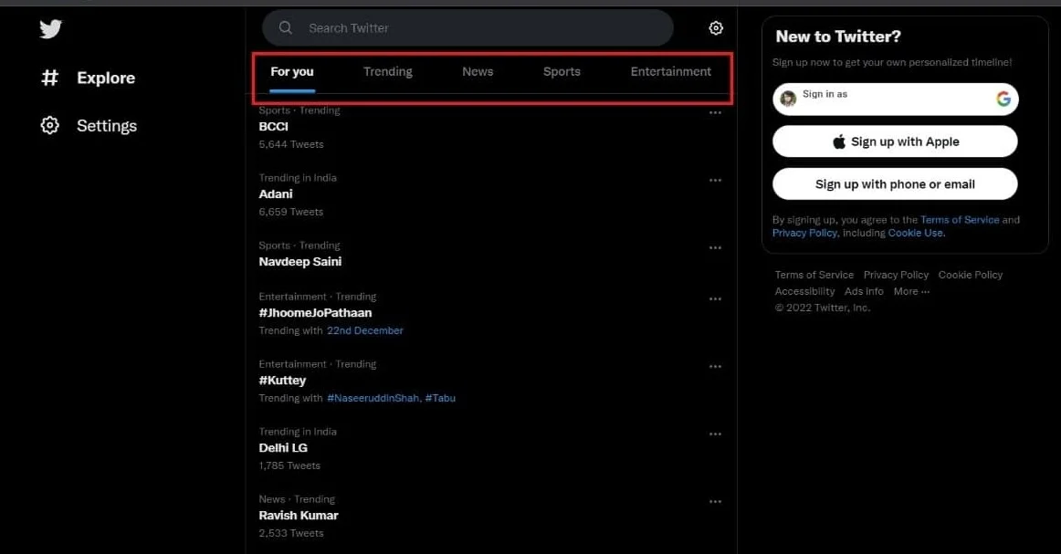 Ada tab khusus untuk Anda, tren, berita, olahraga, dan hiburan