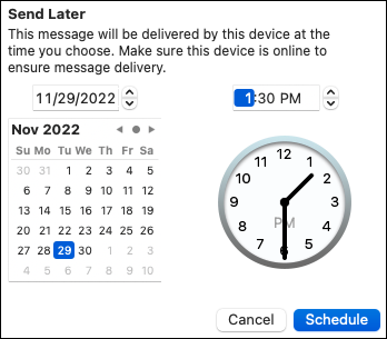 หน้าต่างกำหนดเวลาอีเมลใน Mail บน Mac