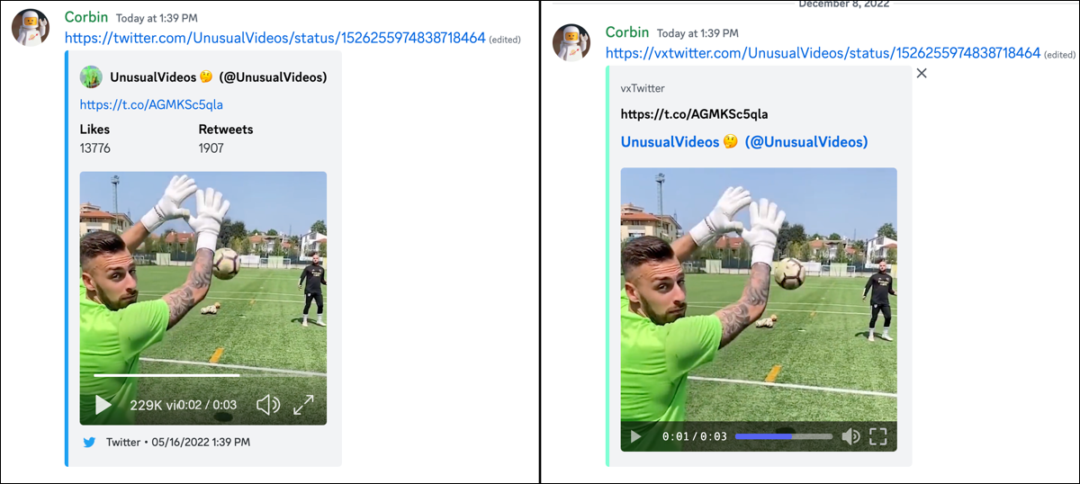 Twitter と vxTwitter からのメッセージの画像比較