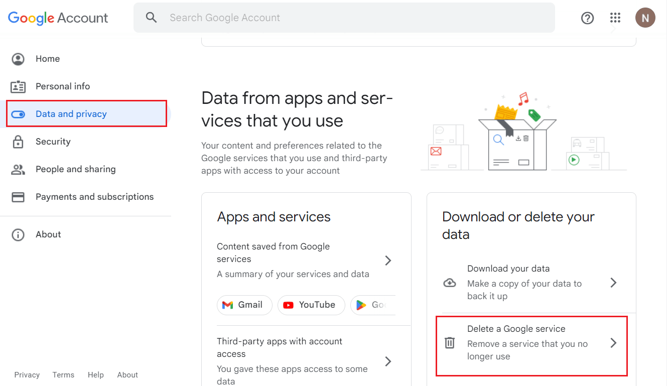 ข้อมูลและความเป็นส่วนตัว - ลบบริการของ Google