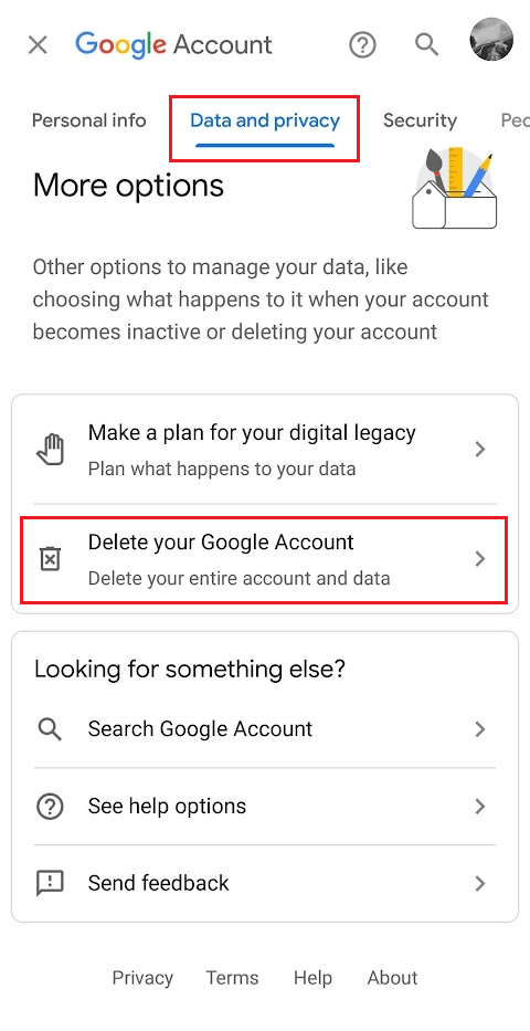 แท็บข้อมูลและความเป็นส่วนตัว - ลบบัญชี Google ของคุณ