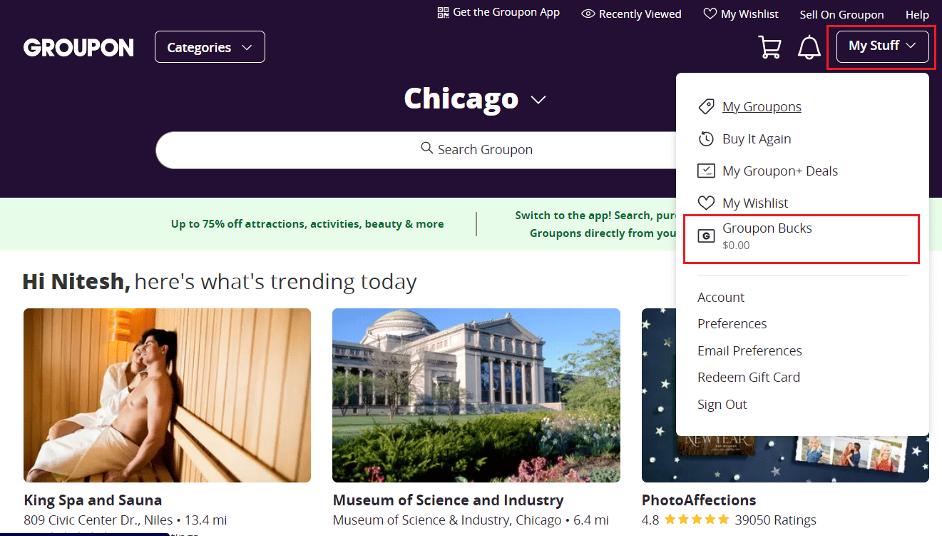 انقر فوق خيار Groupon Bucks لعرض رصيدك في Groupon Credits