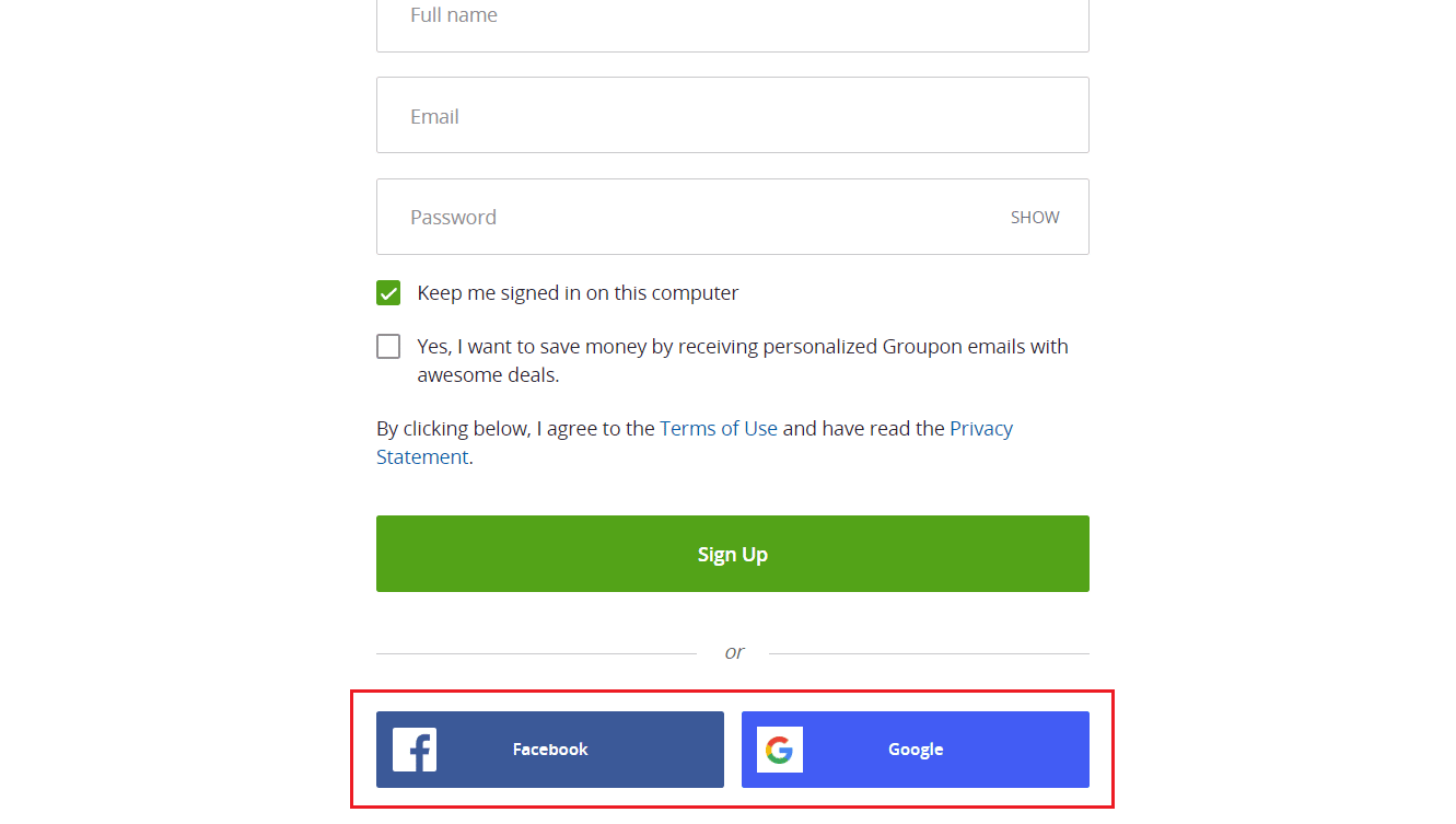 علامة تبويب ارتباط Facebook أو Google للتسجيل باستخدام هذا الحساب المحدد