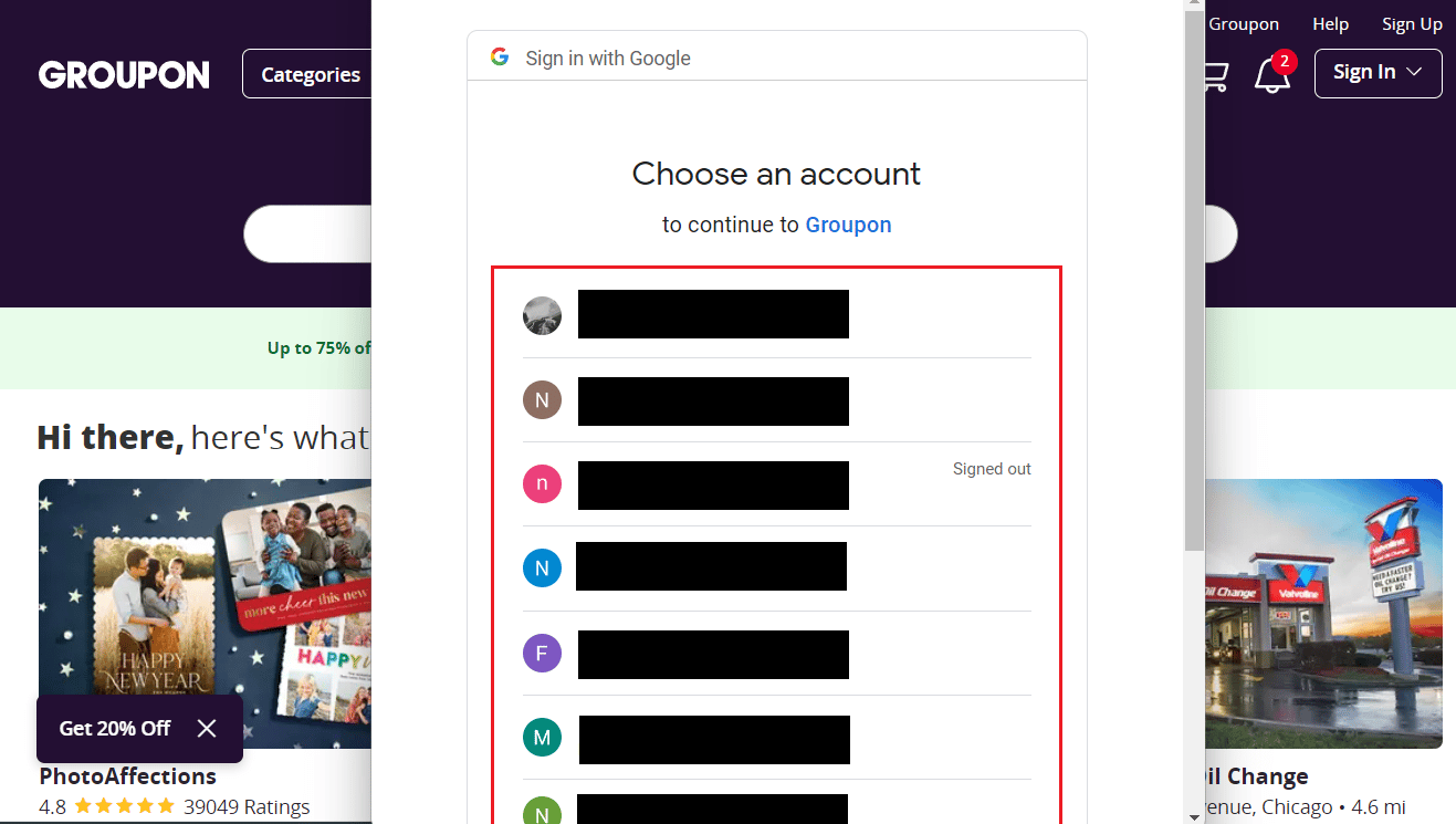 من نافذة اختر حسابًا ، انقر فوق حساب Google المطلوب | كيفية البحث عن حساب Groupon الخاص بي