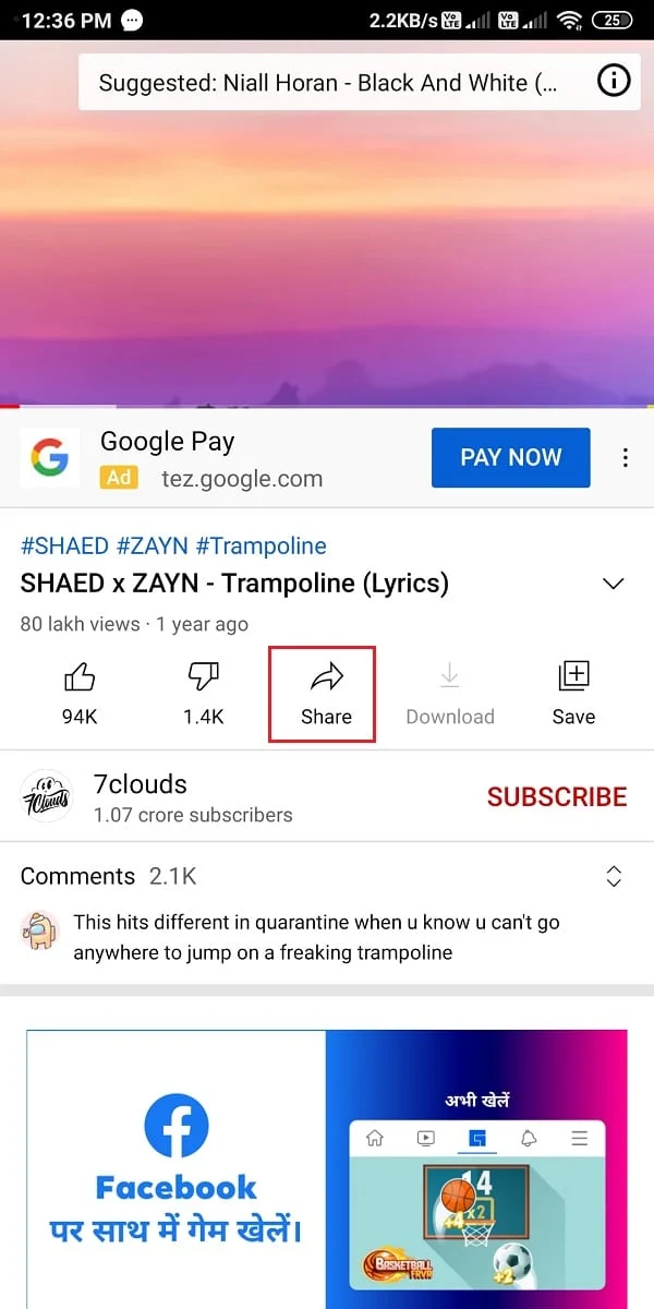 Cliquez sur le bouton Partager en bas de la vidéo