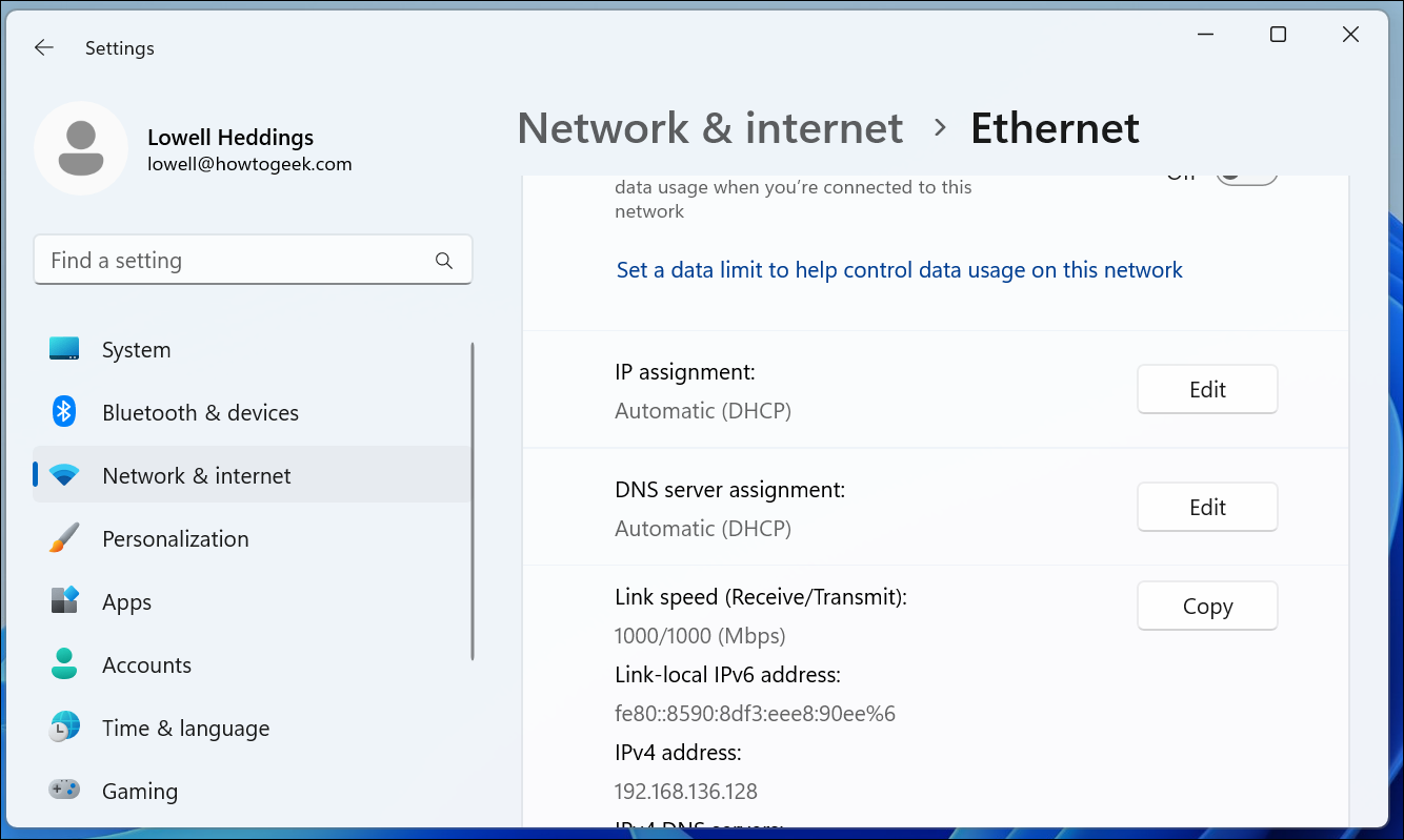 إعدادات Windows 11 Ethernet