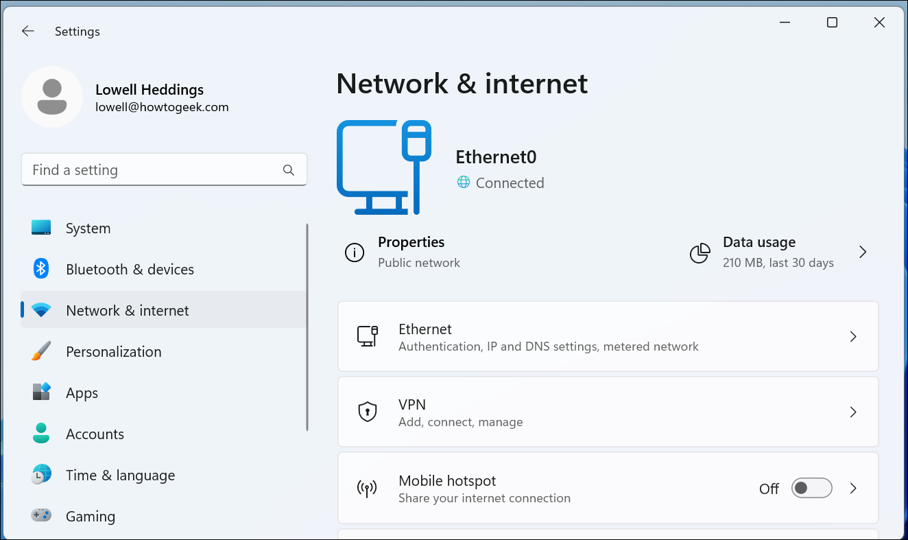 إعدادات الشبكة والإنترنت Windows 11