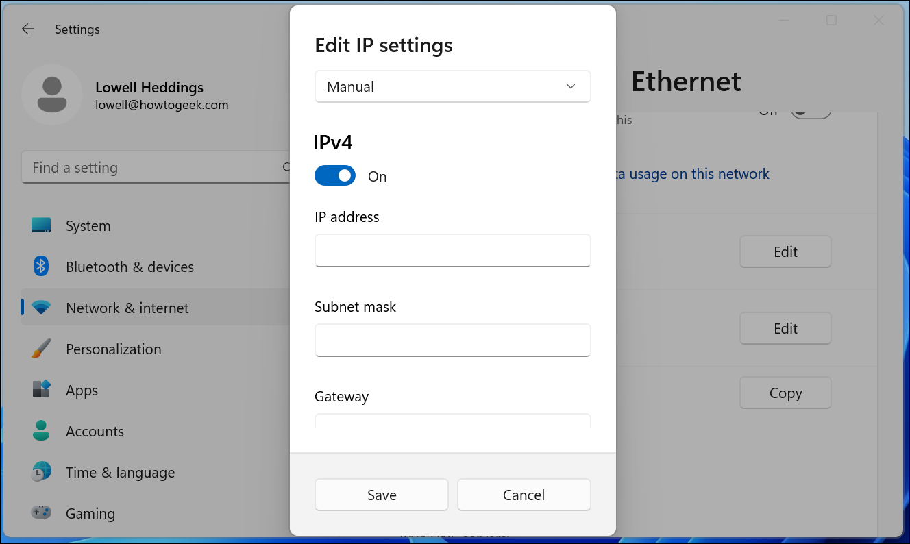 إعدادات IP اليدوية لنظام التشغيل Windows 11