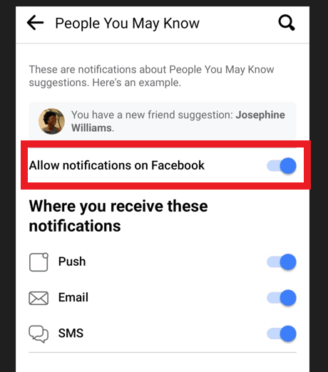 Attiva l'opzione Consenti notifiche su Facebook