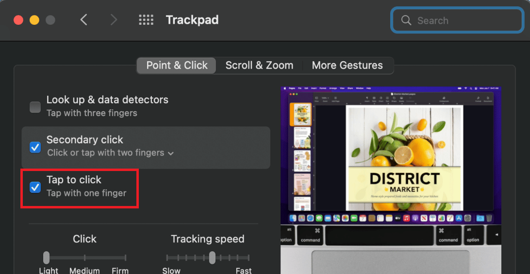 ยกเลิกการเลือกตัวเลือก Tap to Click ในส่วนหัวของ Point & Click