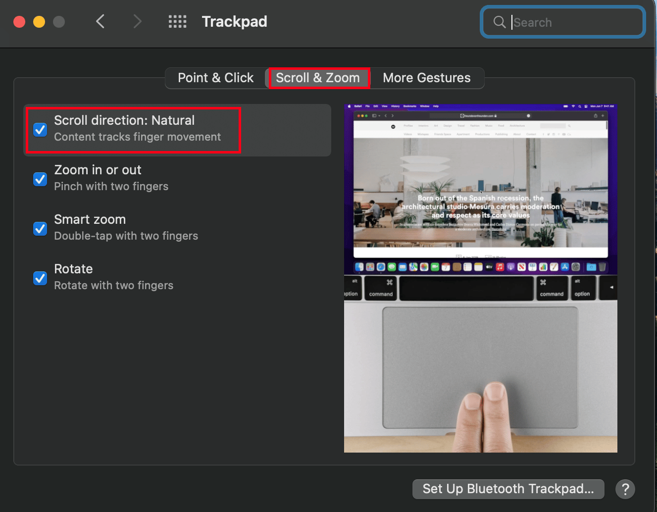 ไปที่ส่วนหัวของ Scroll & Zoom แล้วเลือกทิศทางการเลื่อน: ปกติ | แทร็คแพดไม่ทำงานสำหรับ Mac
