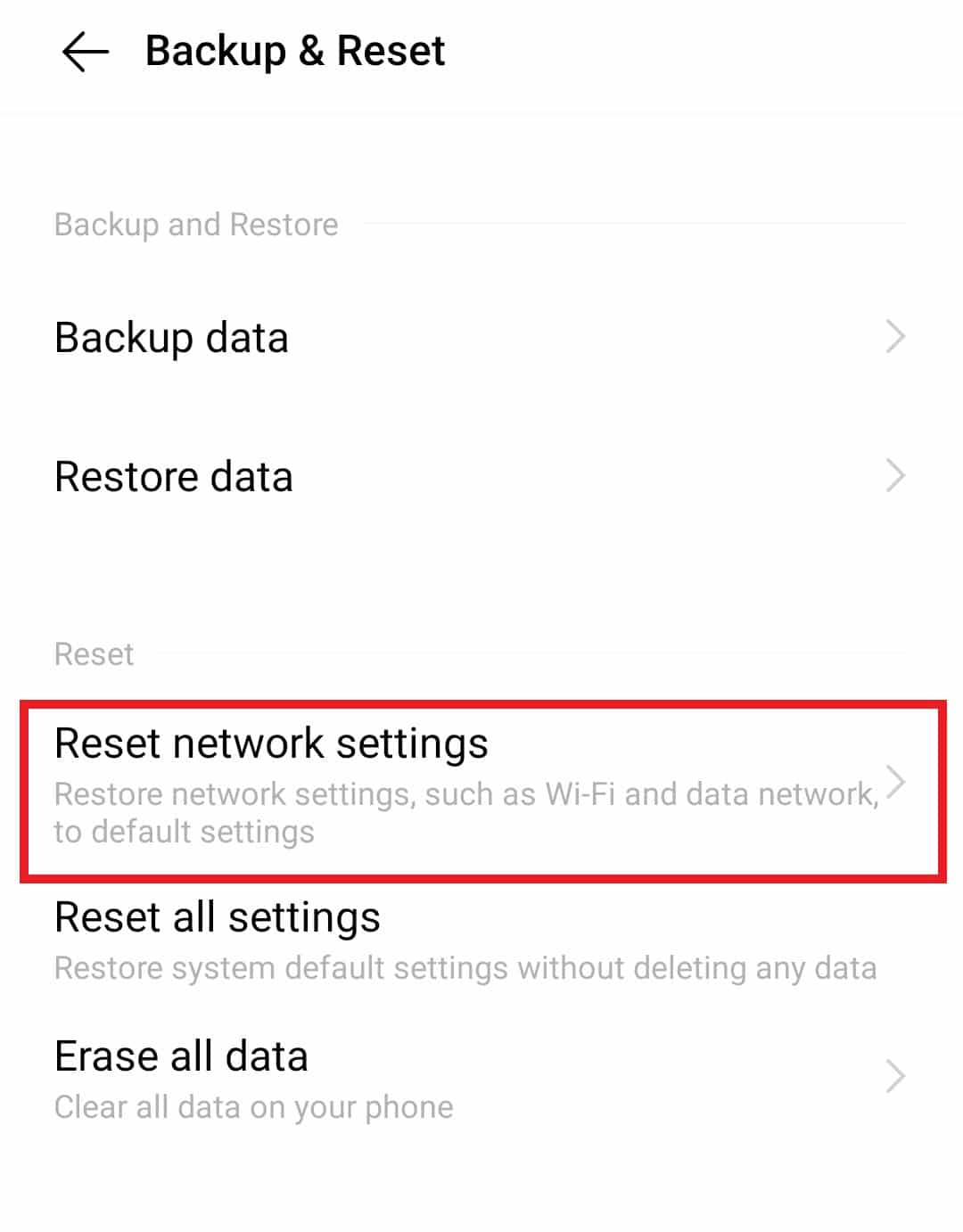 네트워크 설정 재설정을 선택합니다. Verizon 서버 오류를 수정하는 방법