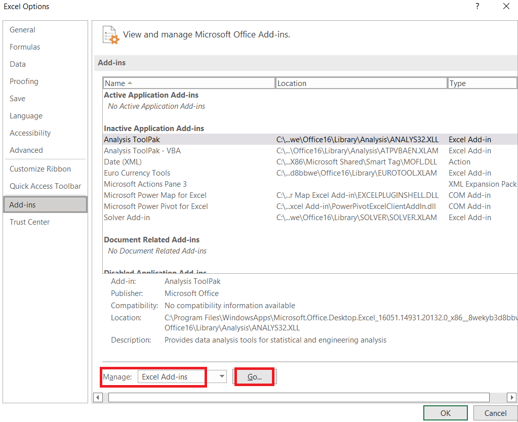 下部の管理バーにある Excel アドインの横にある [Go..] をクリックします。