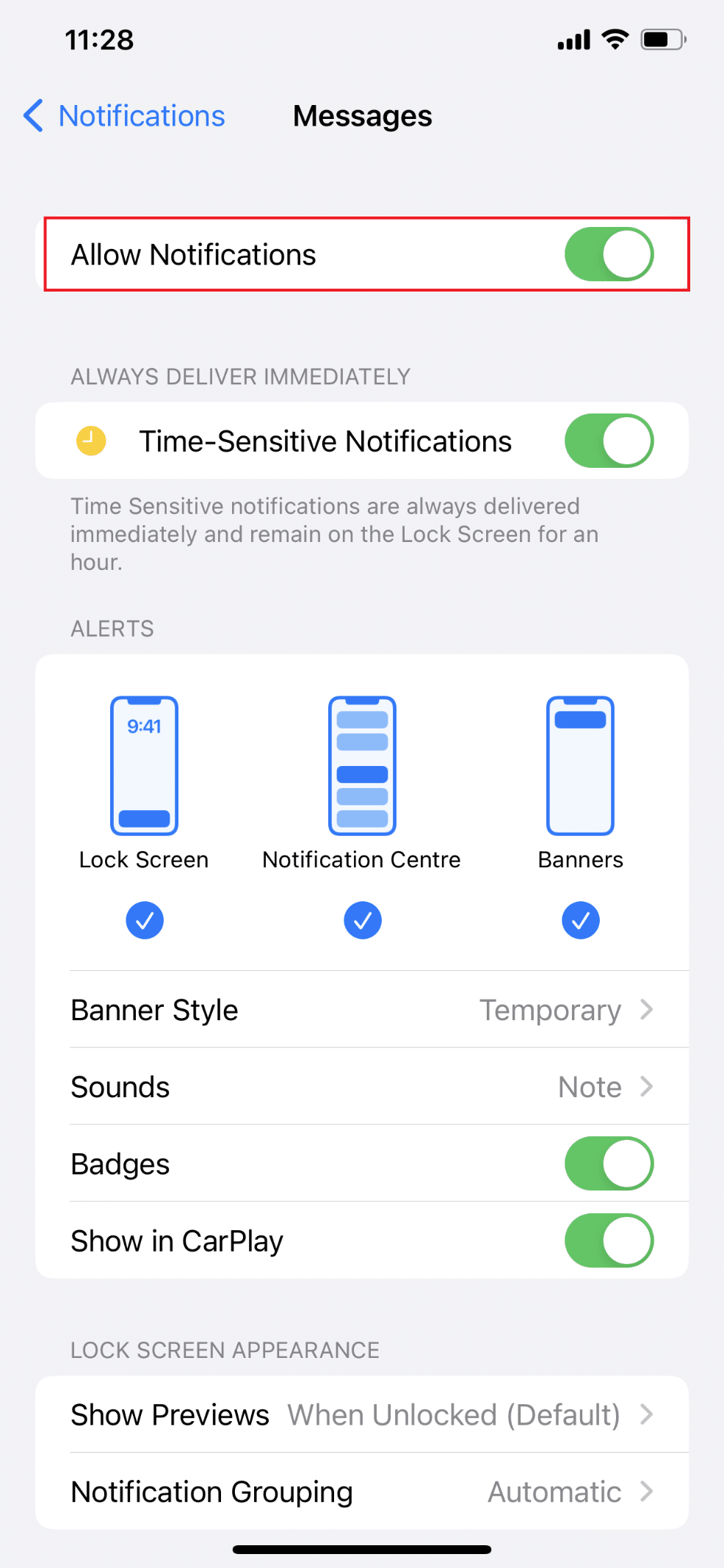 Verificați dacă Permite notificări este setat la verde | De ce notificările mele nu fac sunet pe iPhone