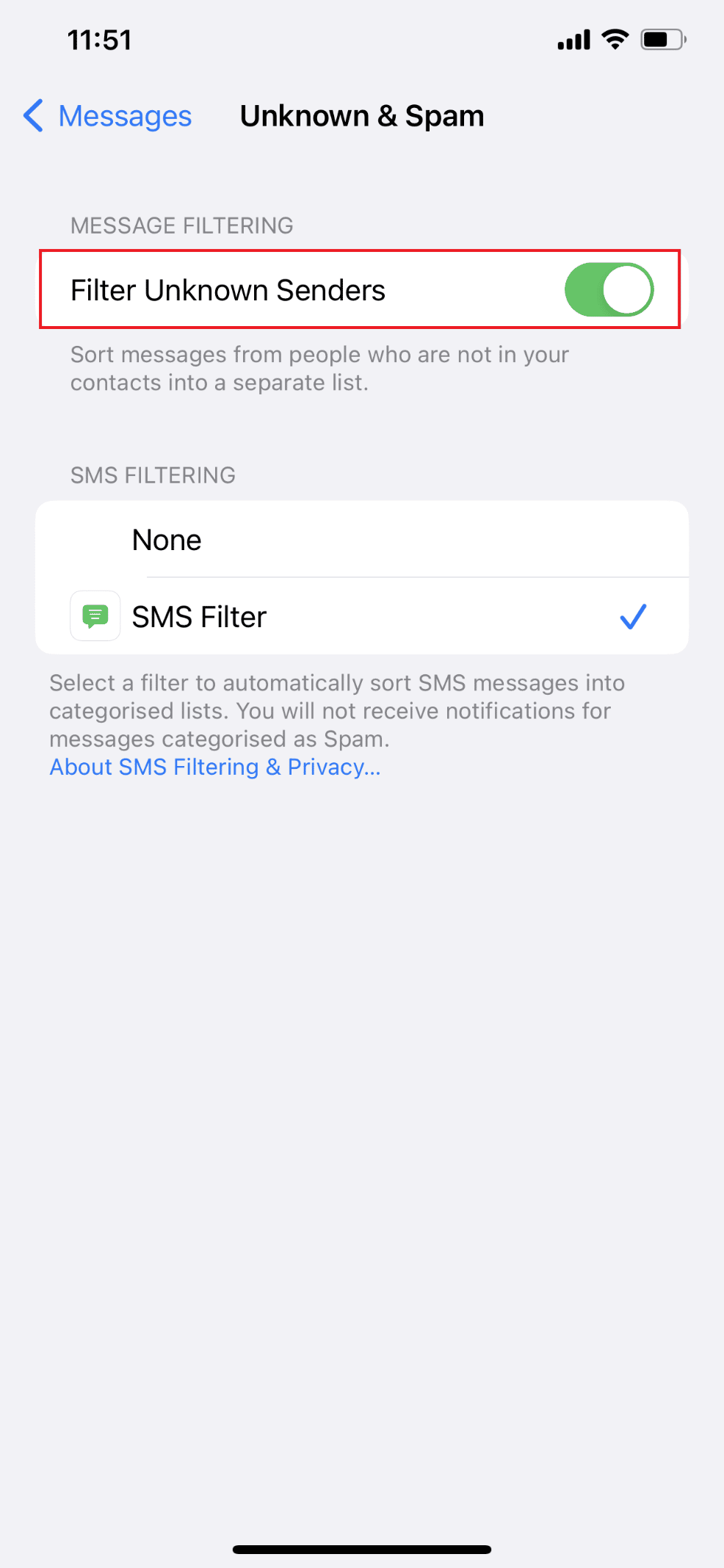 Apoi, dezactivați Filtrul expeditorilor necunoscuți | De ce notificările mele nu fac sunet pe iPhone