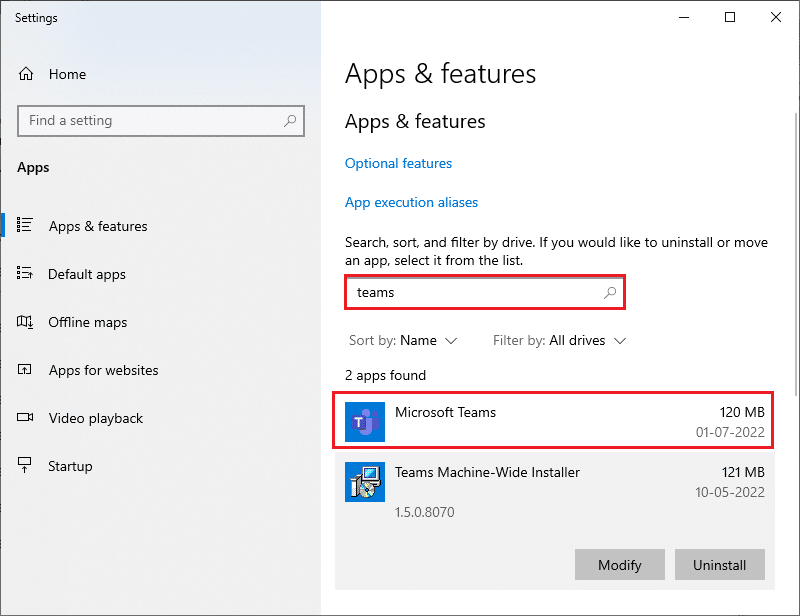 recherchez Teams dans le menu de recherche et cliquez sur Microsoft Teams