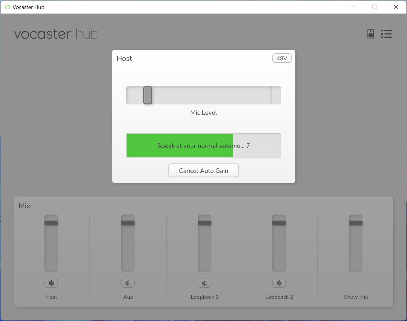 Câștig automat în Focusrite Vocaster Hub