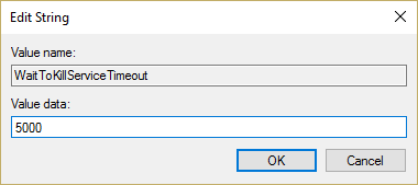 قم بتغيير قيمة WaitToKillServiceTimeout بين 1000 إلى 20000