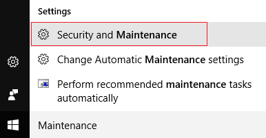 انقر فوق صيانة الأمان في بحث Windows
