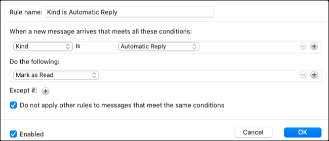 Outlook'ta otomatik yanıt kuralı için son kurulum ekranı