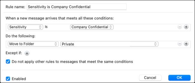 Outlook'ta bir duyarlılık kuralı için son kurulum ekranı