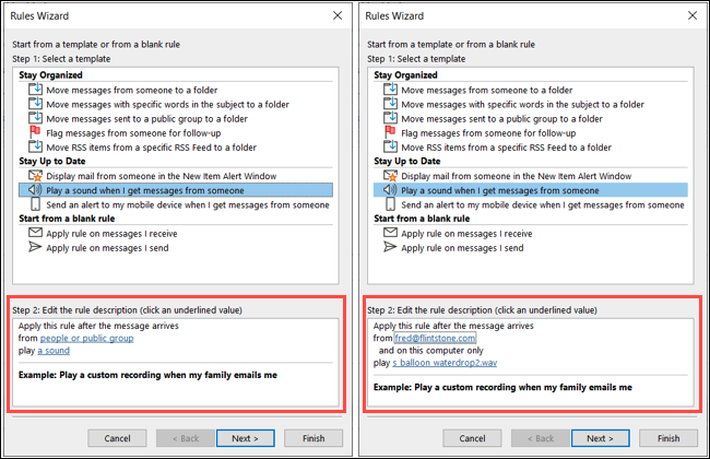 Outlook'ta ses çalma kuralı için 2. Adım kutusu
