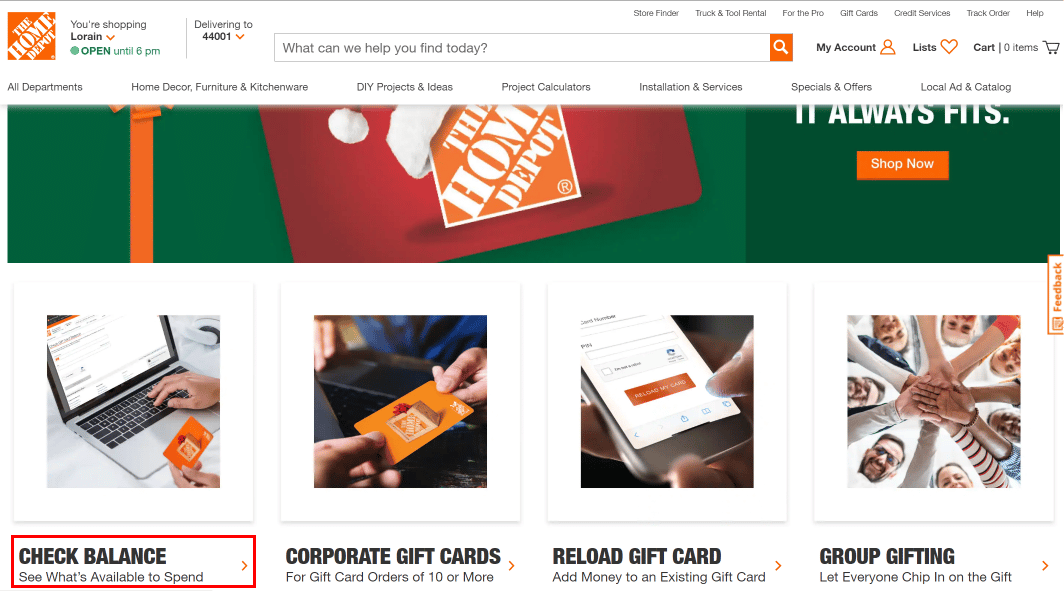 Faites défiler un peu vers le bas et cliquez sur l'option VÉRIFIER LE SOLDE en bas à gauche de l'écran. | Comment vérifier le solde de la carte Home Depot