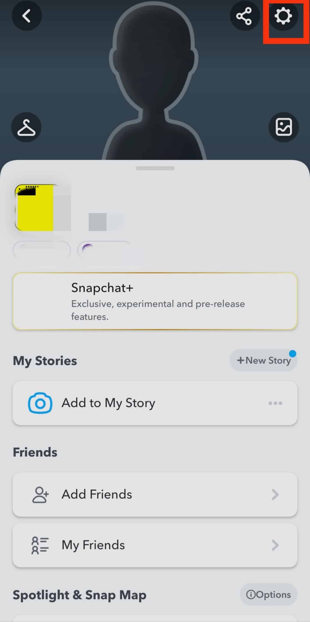 اضغط على رمز الترس هذا. | كيفية إزالة رقم الهاتف من Snapchat