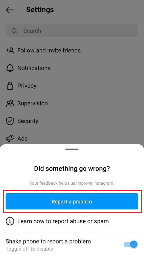 Otwórz aplikację Instagram i potrząśnij telefonem - dotknij Zgłoś problem i przekaż problem | Jak naprawić czarne zdjęcia na Instagramie