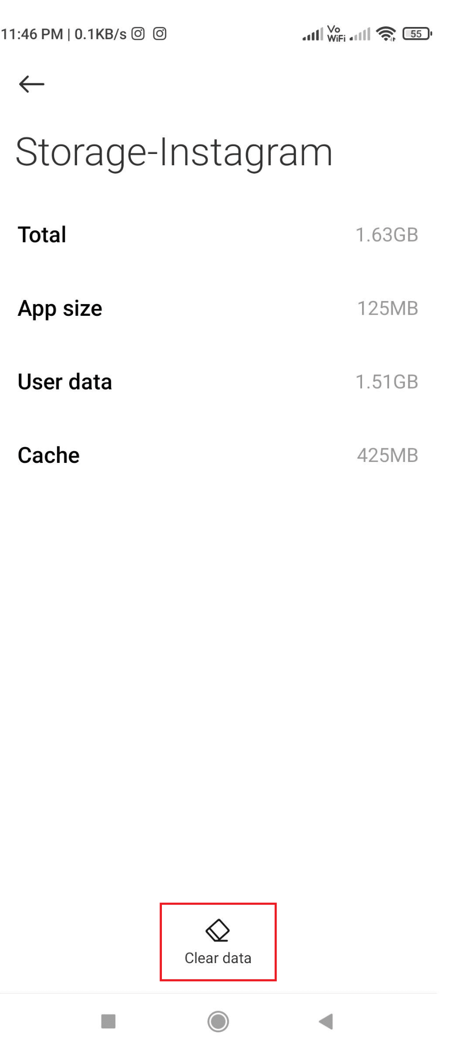 Na dole strony Storage-Instagram stuknij w Wyczyść dane.
