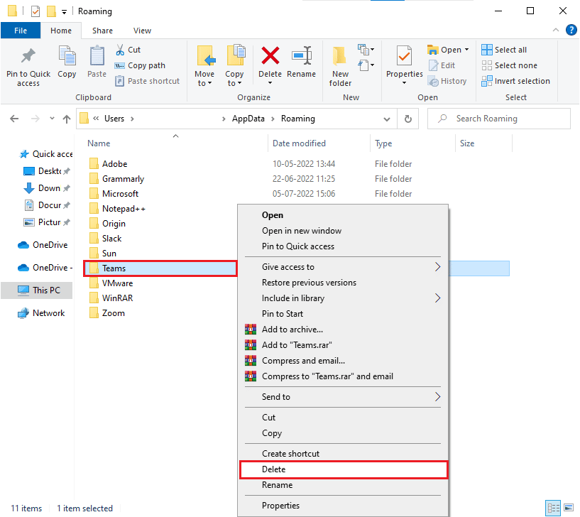 faites un clic droit sur le dossier Teams et cliquez sur l'option Supprimer. Comment résoudre le problème de synchronisation de Microsoft Teams