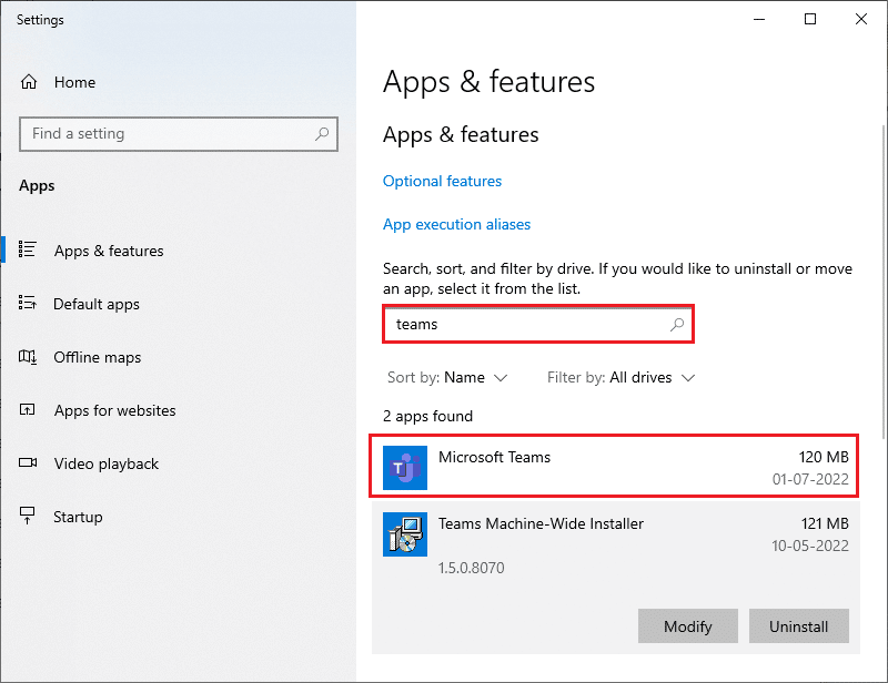 recherchez Teams dans le menu de recherche et cliquez sur Microsoft Teams