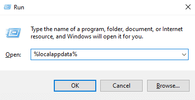 실행 프롬프트에 %localappdata%를 입력하고 Enter 키를 누릅니다.