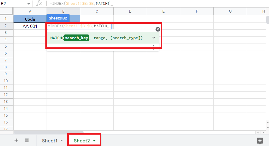 Apri Sheet2 aggiungi la virgola e avvia la funzione MATCH. Come INDICE CORRISPONDENZA di più criteri in Fogli Google