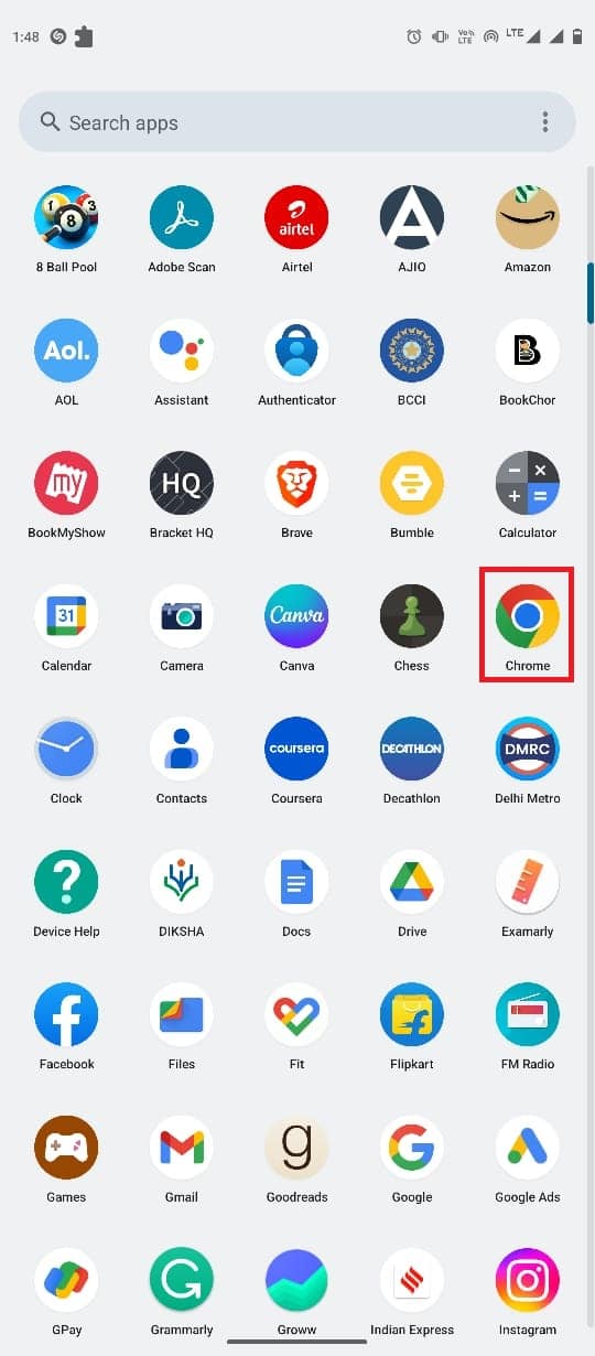Abra o Google Chrome no menu do telefone