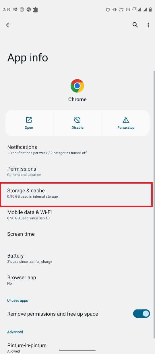 toque em Armazenamento e cache