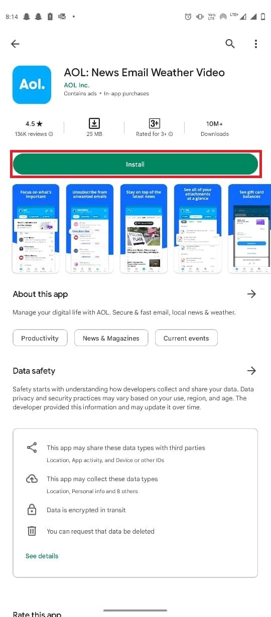 tippen Sie auf Installieren. So beheben Sie, dass AOL Mail unter Android und iOS nicht funktioniert