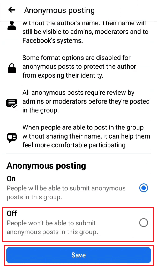 从屏幕底部选择关闭单选按钮，然后点击保存 |如何在 iPhone 上匿名发帖到 Facebook 群组