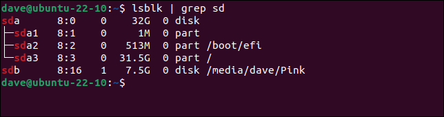 Usando grep para buscar líneas con "sd" en ellas, en la salida del comando lsblk