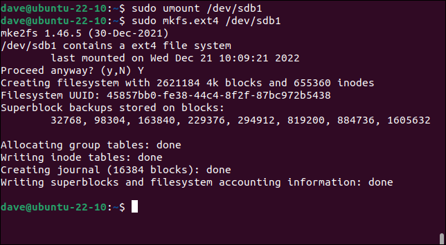 Creación de un sistema de archivos ext4 en una memoria USB