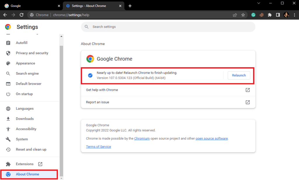 Klicken Sie auf Über Chrome