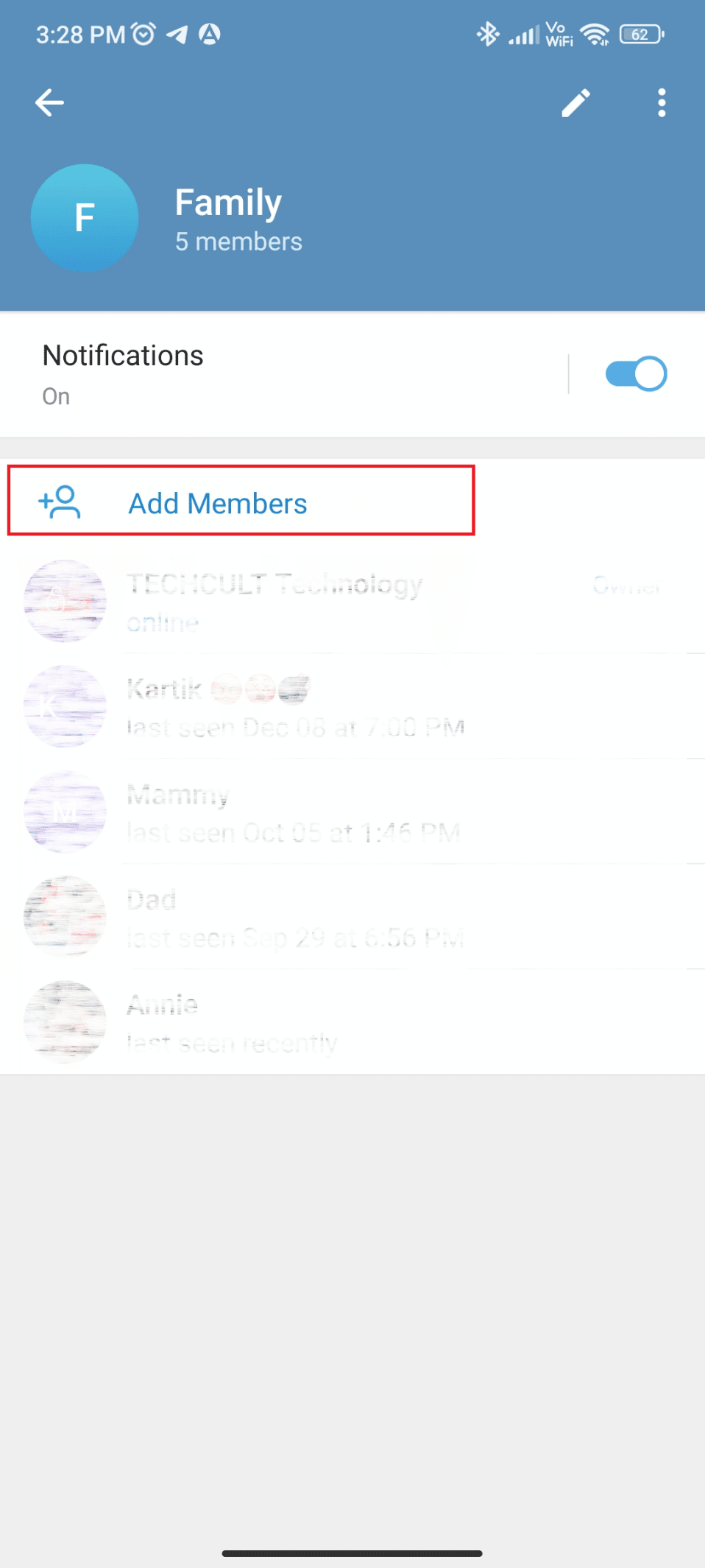 点击添加成员。如何在 Telegram 群组中添加成员