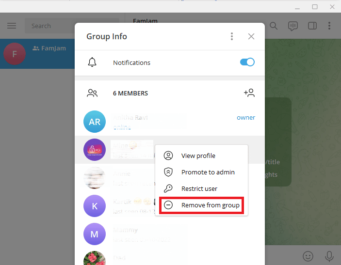 单击从组中删除。如何在 Telegram 群组中添加成员