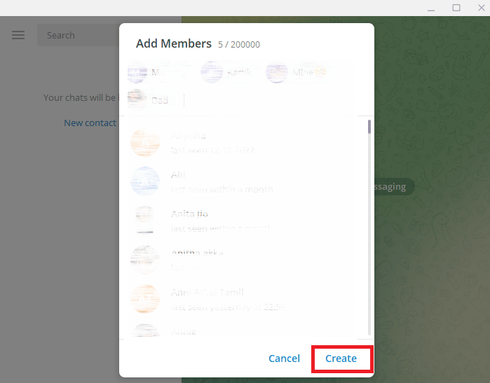 单击创建。如何在 Telegram 群组中添加成员